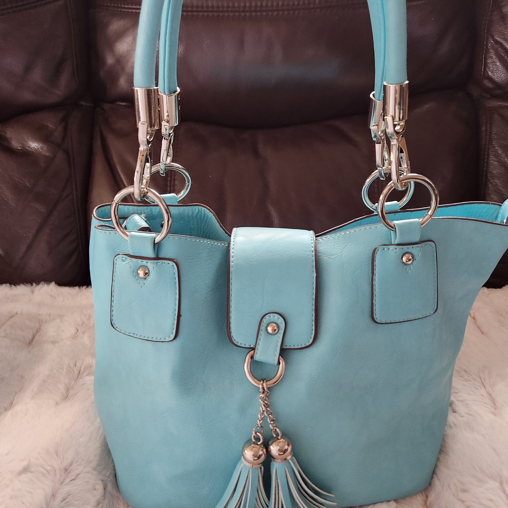 Light Blue Women's Tote Bag with Tassel Charm